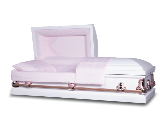Norton white square-end metal casket open, with rose gold metal hardware and handles. 