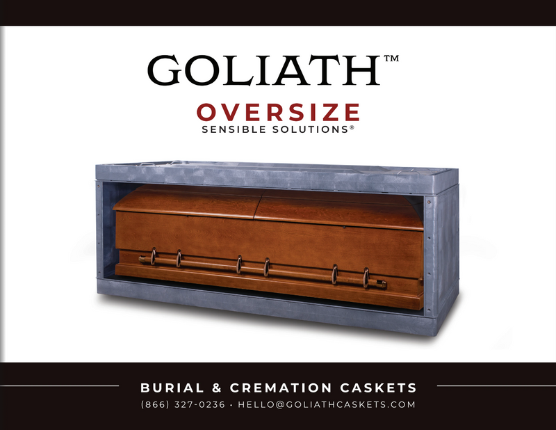 Goliath catalog cover featuring a wood oversize casket inside an oversize vault