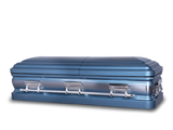A blue natural brush finish casket closed, with silver hardware and handles and a lock on the right side.