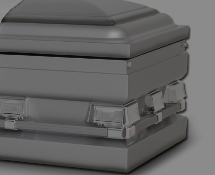 corner view of a silver oversized metal casket