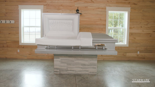 Video explaining how a ceremonial rental casket is used for a viewing service before cremation